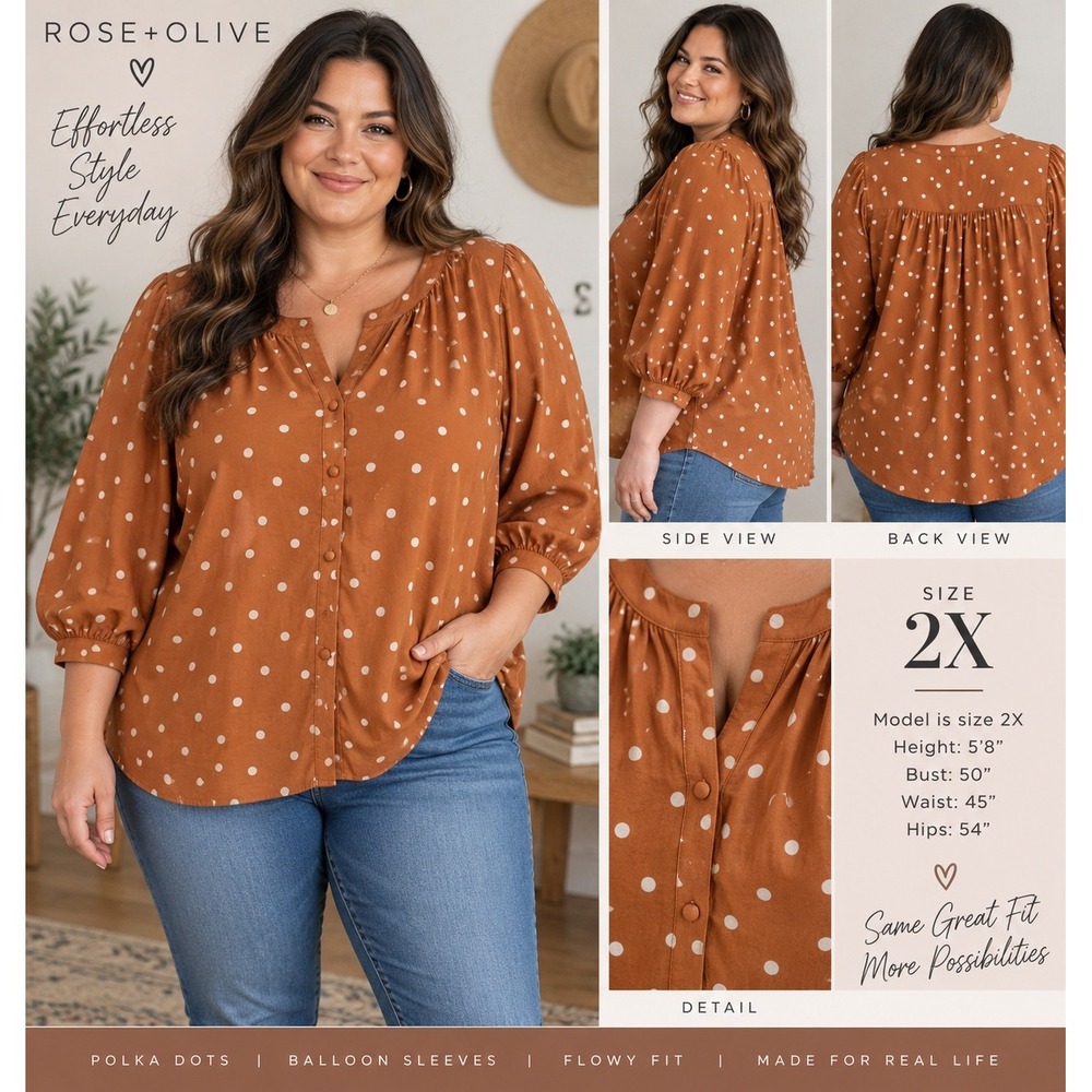 Rose + Olive Womens 2X Rust Polka Dot Peasant Blouse Balloon Sleeve Boho Tunic